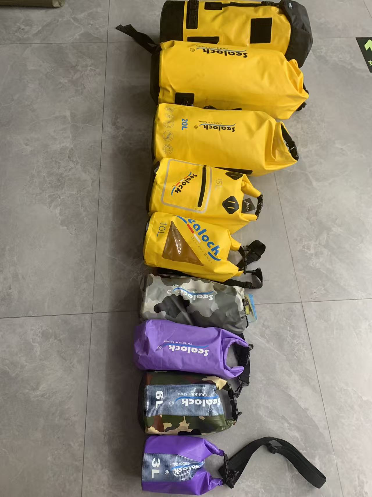 Svejste campingtørre poser 20–80L — MOQ 300 | Kina og Vietnam
